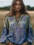 Women's Embroidery Rose Gradient Casual Long-sleeved Shirt artswardrobe