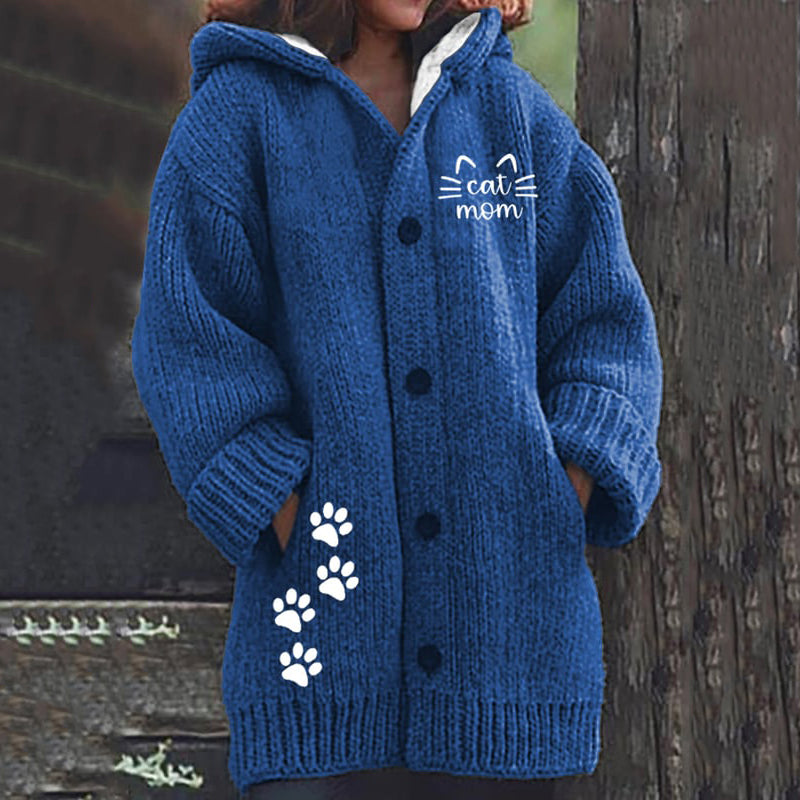 Cat Print Long Sleeved Knitted Hooded Cardigan elevenforest