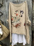 Comstylish Vintage Bird & Books Floral Embroidered Linen Tunic