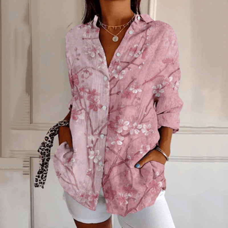 Comstylish Women's Vintage Floral Contrast Art Print Casual Linen Shirt