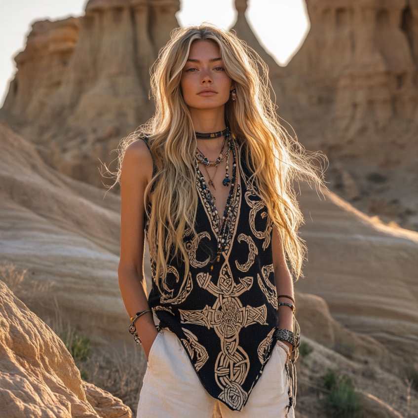 Women's Viking Tribal With Celtic Knot Pattern Art Linen  Sleeveless Top artswardrobe