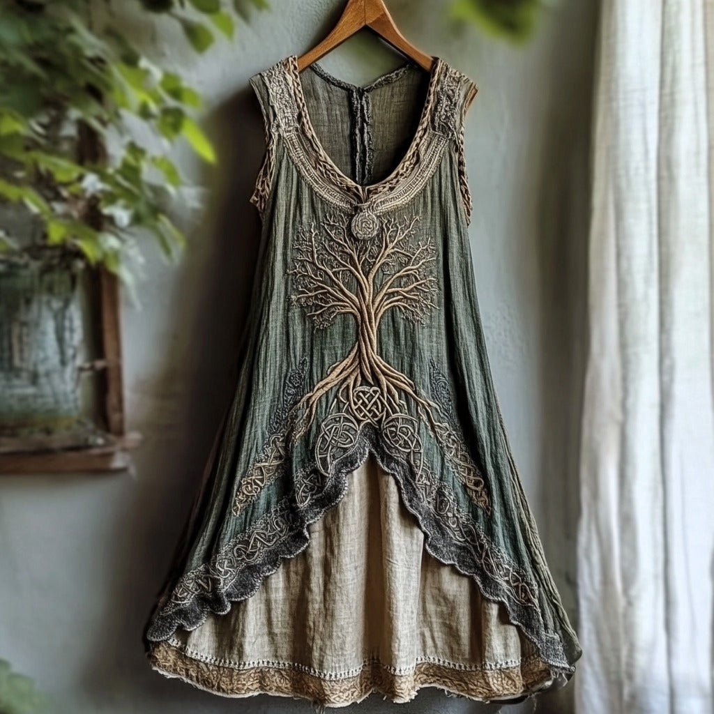 Tribal Viking Life Of Tree Celtic Knot Lace Art Linen Tank Dress artswardrobe