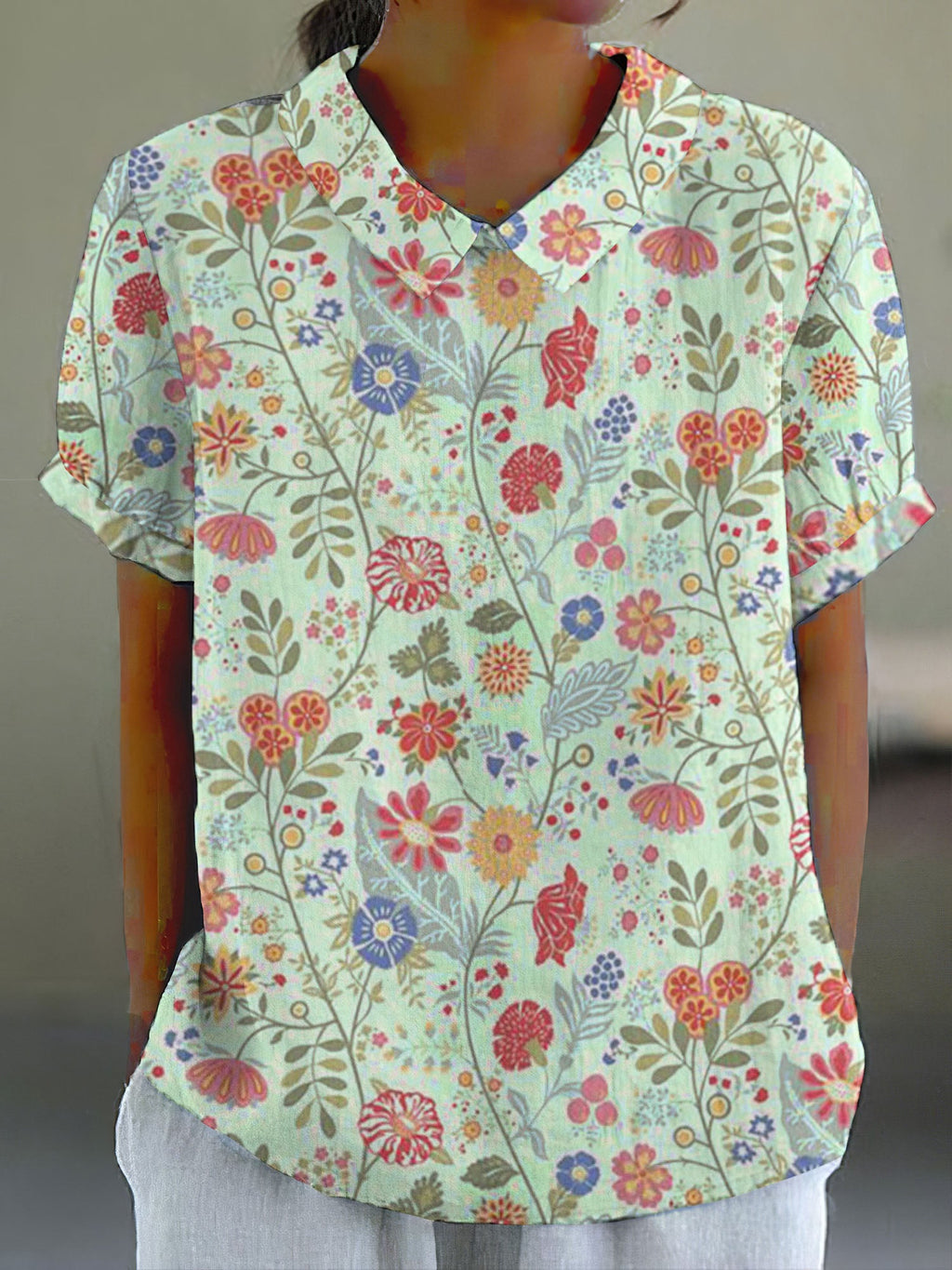 Comstylish Women's Pastoral Floral Art Print Casual Cotton Linen Shirt