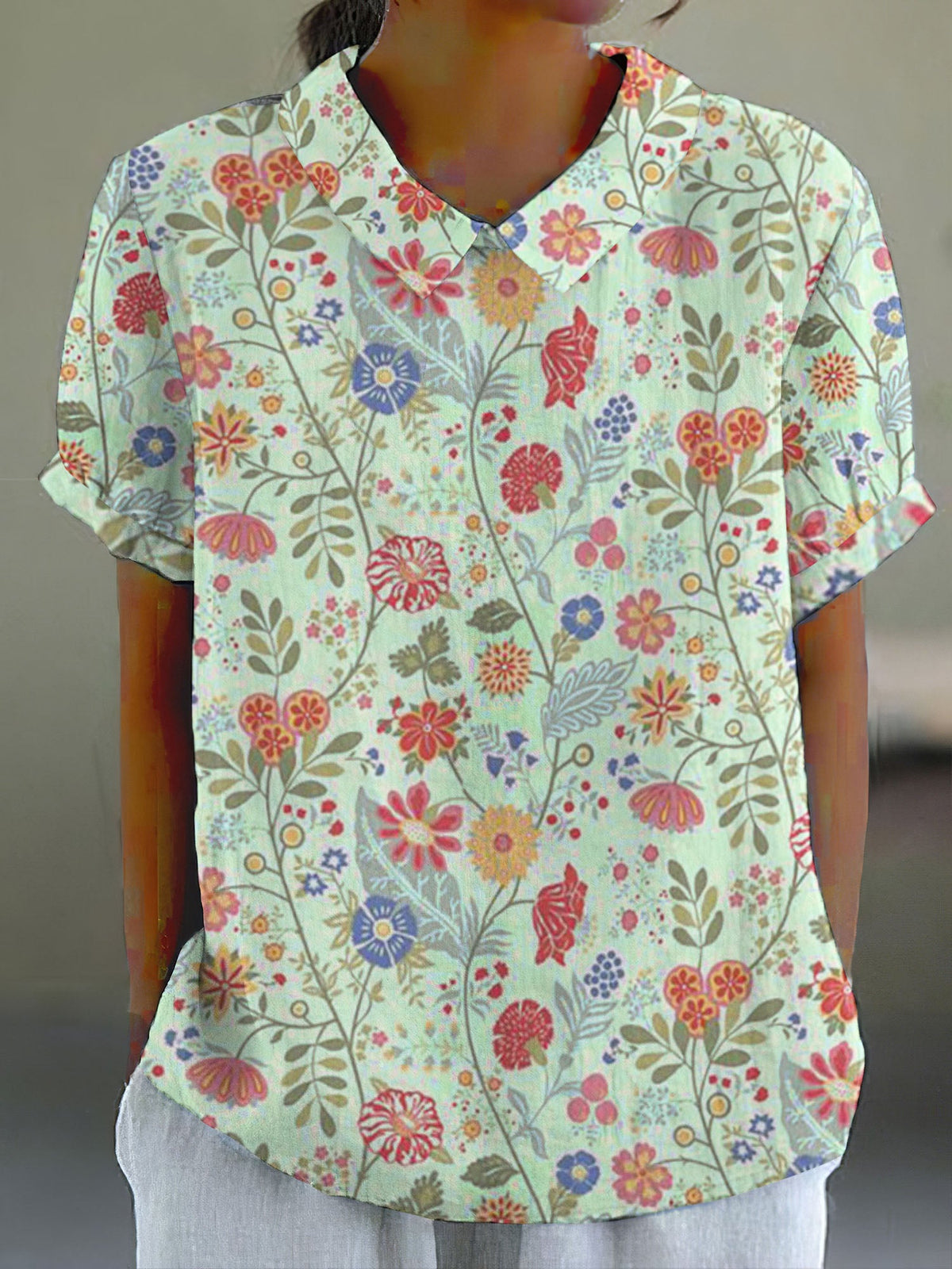 Comstylish Women's Pastoral Floral Art Print Casual Cotton Linen Shirt