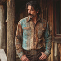 Western Vintage Print Men's Linen Long Sleeve Shirt artswardrobe