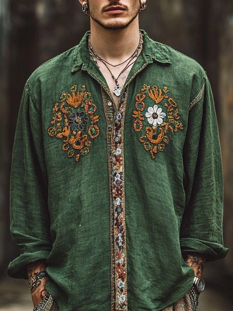 Men's Vintage Embroidered Linen Blend Comfy Blouse artswardrobe