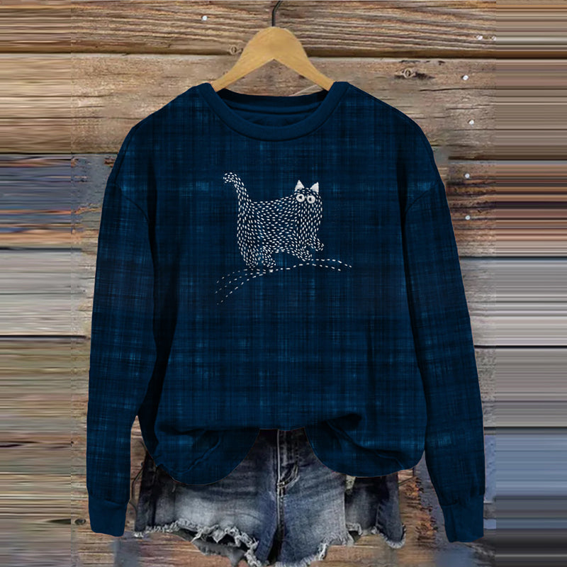Comstylish Cute Sashiko Cat Japanese Art Cozy Sweatshirt