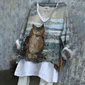 Women's Vintage Owl Embroidered Patch Cotton And Linen Shirt artswardrobe