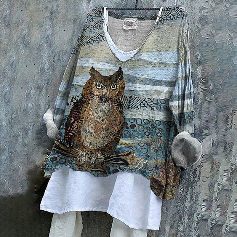 Women's Vintage Owl Embroidered Patch Cotton And Linen Shirt artswardrobe