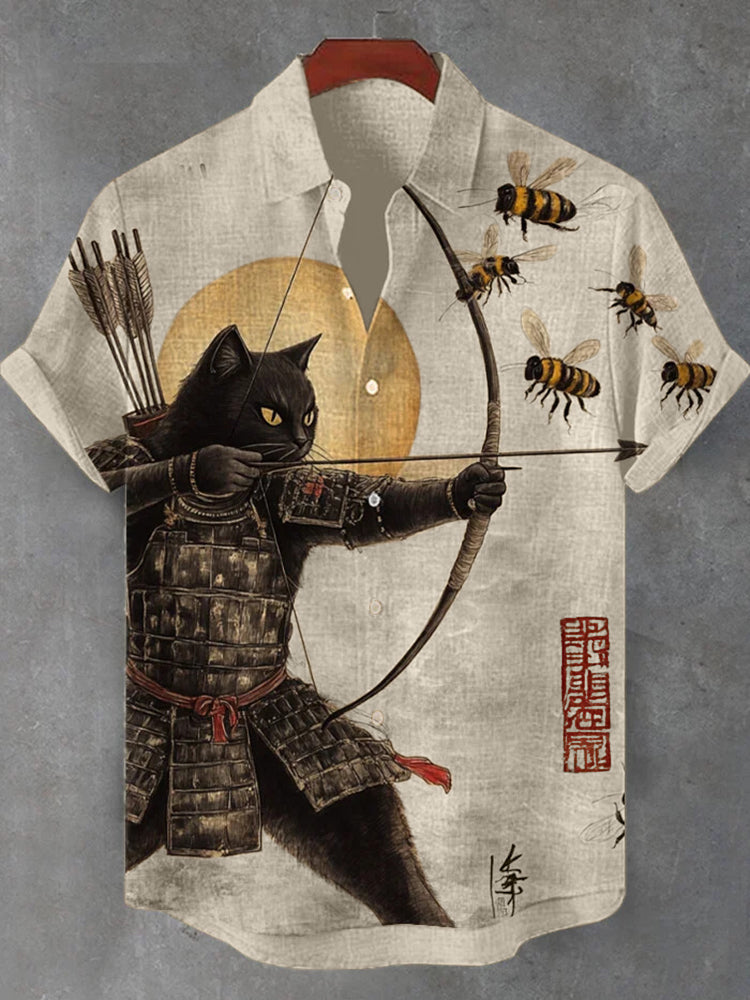 Men's Black Cat Tribal Warrior Japanese Kyudo Print Short Sleeve Shirt elevenforest