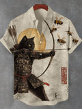Men's Black Cat Tribal Warrior Japanese Kyudo Print Short Sleeve Shirt elevenforest