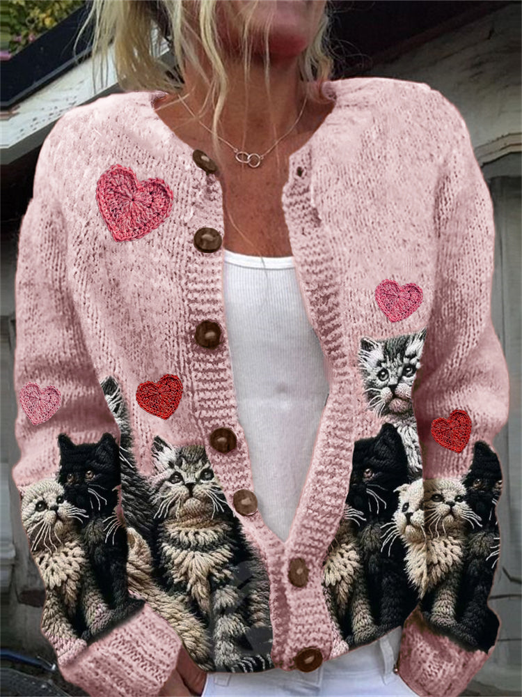 Comstylish Valentine's Day Hearts & Cats Crochet Cozy Cardigan
