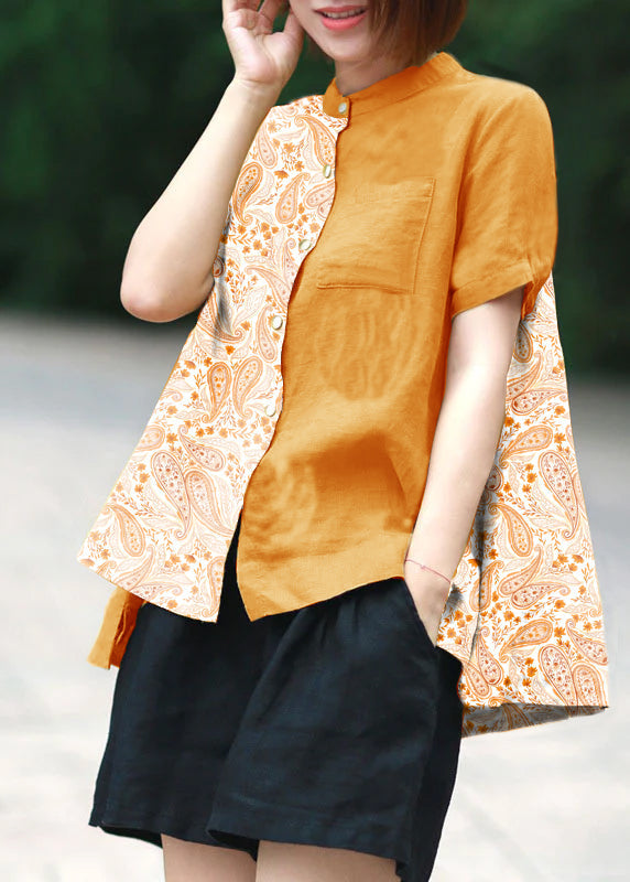 Dark Green Dot Print Patchwork Linen Top Button Stand Collar Summer