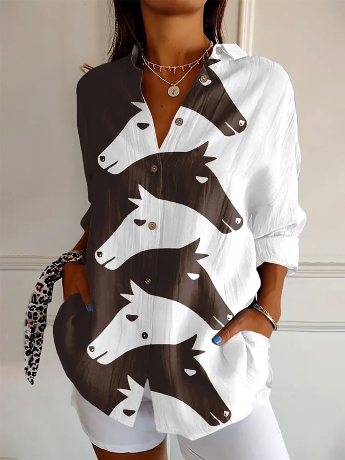 Comstylish Horse Print Long Sleeve Casual Shirt