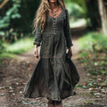 Women's Bohemian V-neck Linen Blend Midi Dress artswardrobe