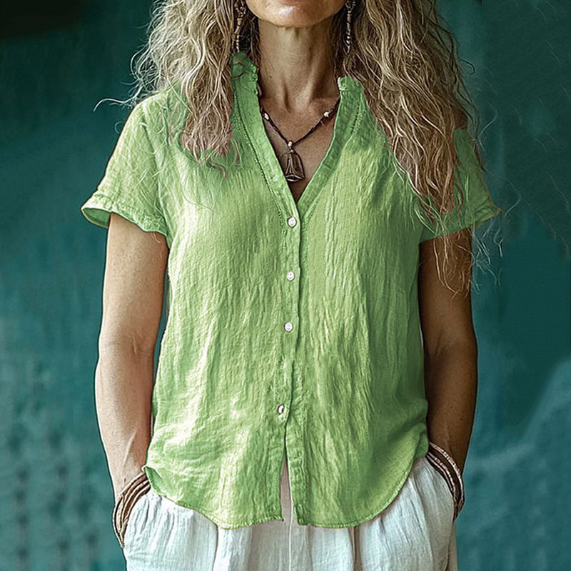 Comstylish Women's Vintage Solid Button Short Sleeve Shirt