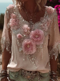 Women's Three-dimensional Floral Retro Casual Short-sleeved Shirt artswardrobe