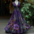 Women's Vintage Embroidered Pansy Floral Belt Vest Maxi Dress artswardrobe