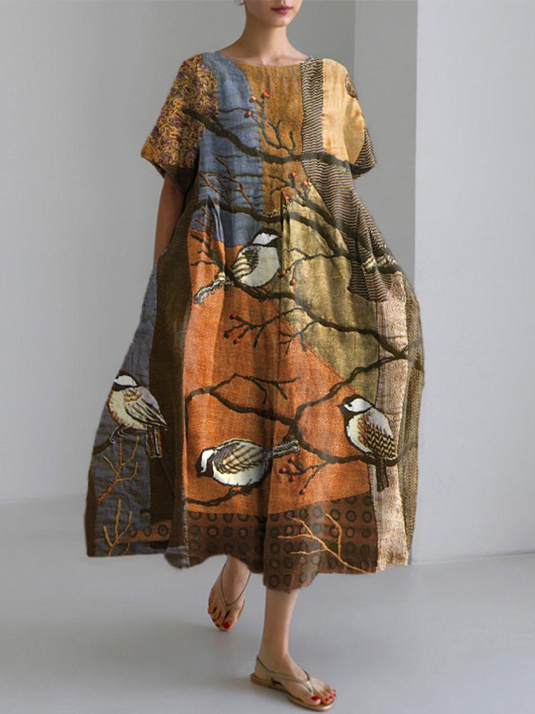 Women's Vintage Patchwork Bird Pattern Linen Blend Shirt artswardrobe