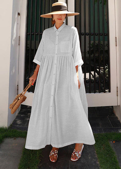 Grey Peter Pan Collar Striped Button Pockets Wrinkled Long Dresses Half Sleeve