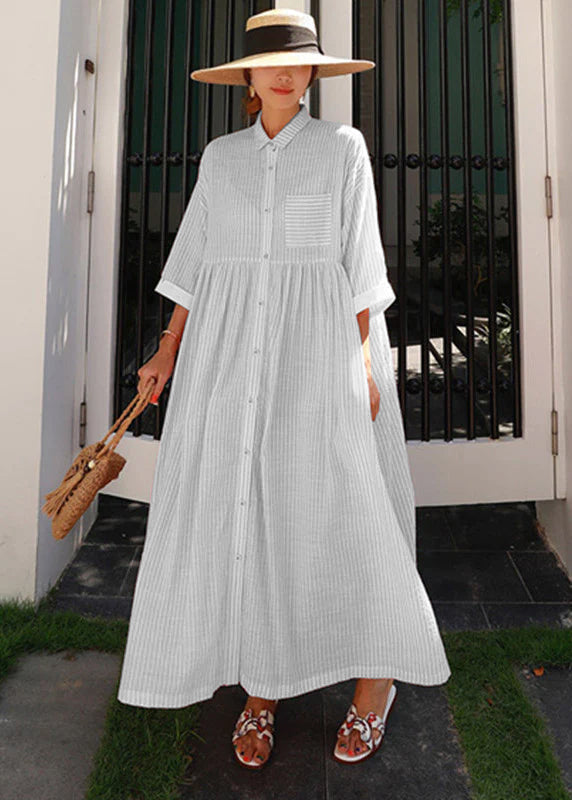 Pink Peter Pan Collar Striped Button Pockets Wrinkled Long Dresses Half Sleeve