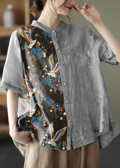 Colorful Hearts Stand Collar Print Tops Half Sleeve