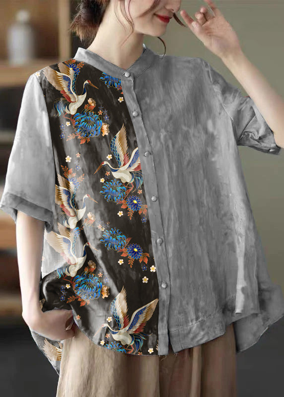 Colorful Geometry Stand Collar Print Tops Half Sleeve