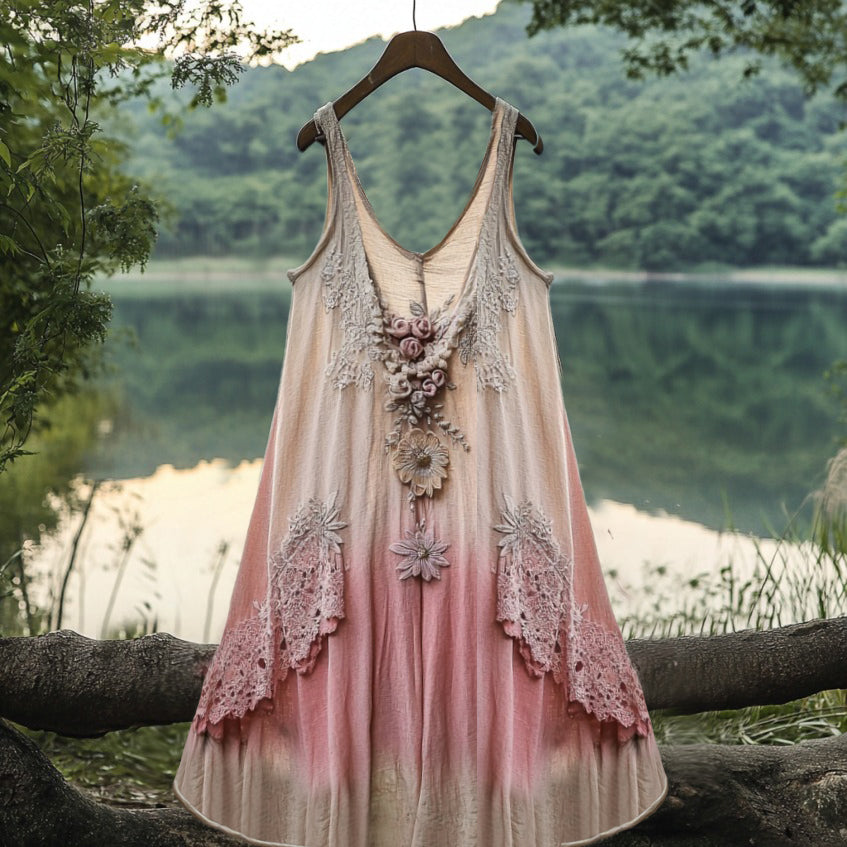 Bohemian Lace Japan Sakura Embroidery Cozy Linen Tank Dress artswardrobe
