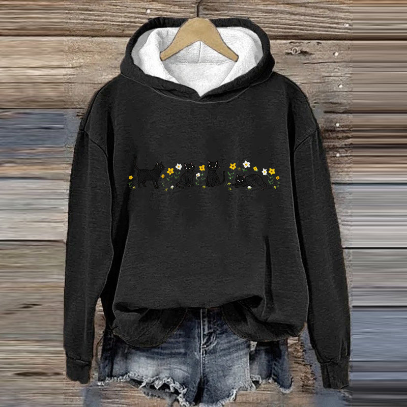 Comstylish Women's Cute Floral Black Cat Embroidered Print Hoodie