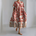Comstylish Japanese Flower And Bird Art Print Crew Neck Linen Blend Midi Dress