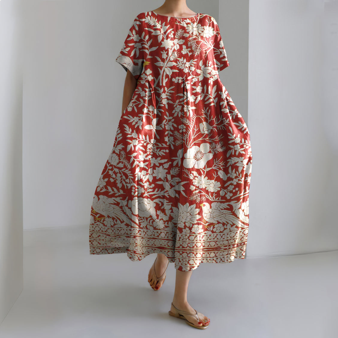 Comstylish Japanese Flower And Bird Art Print Crew Neck Linen Blend Midi Dress