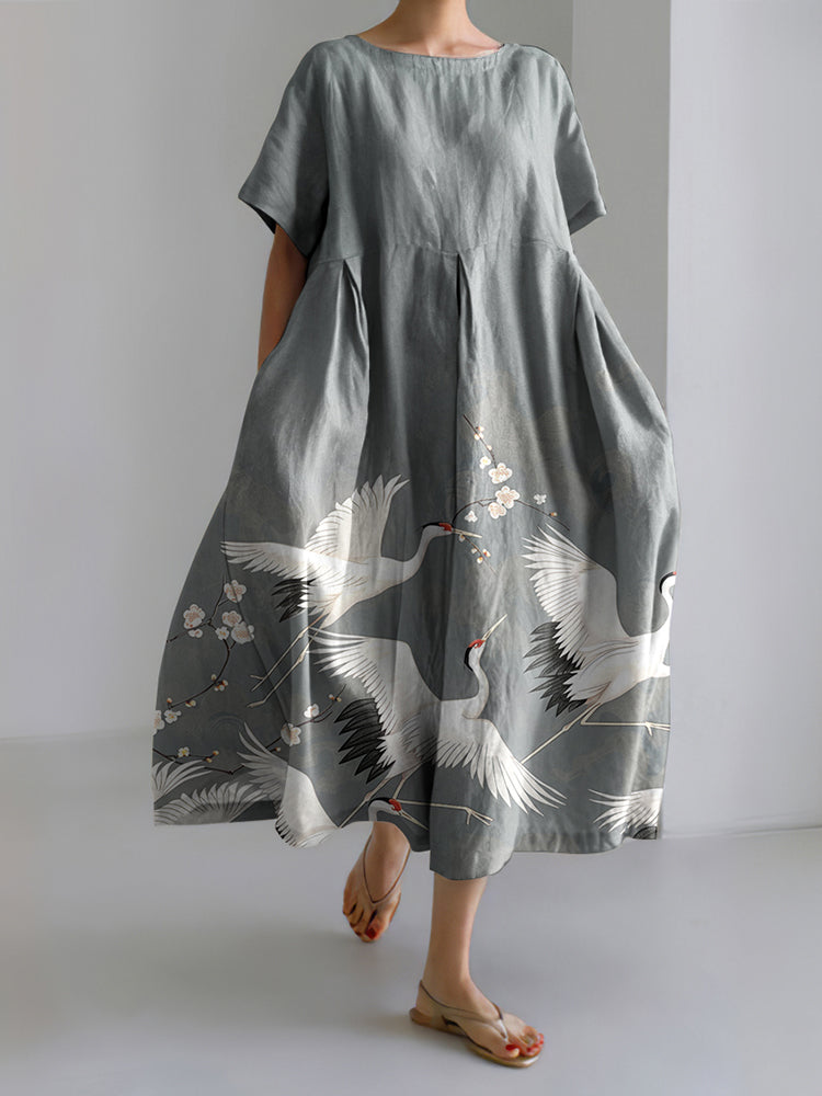 Crane Print Crew Neck Short Sleeves Midi Dress