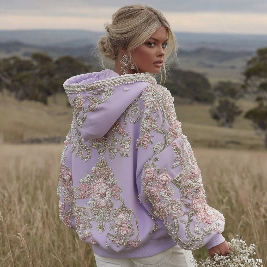 Comstylish Women's Pink Flower Embroidery Art Long Sleeve Hoodie