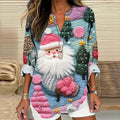 Comstylish Santa Claus Printed V-Neck Long Sleeved Casual Blouse