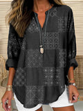 Comstylish Japanese Sashiko Checkered Pattern Linen Blend Shirt