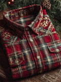 Vintage Snowflakes Embroidered Christmas Plaid Linen Shirt artswardrobe