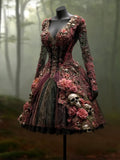 Comstylish Vintage Gothic Skulls & Flowers Pattern Witch Midi Dress