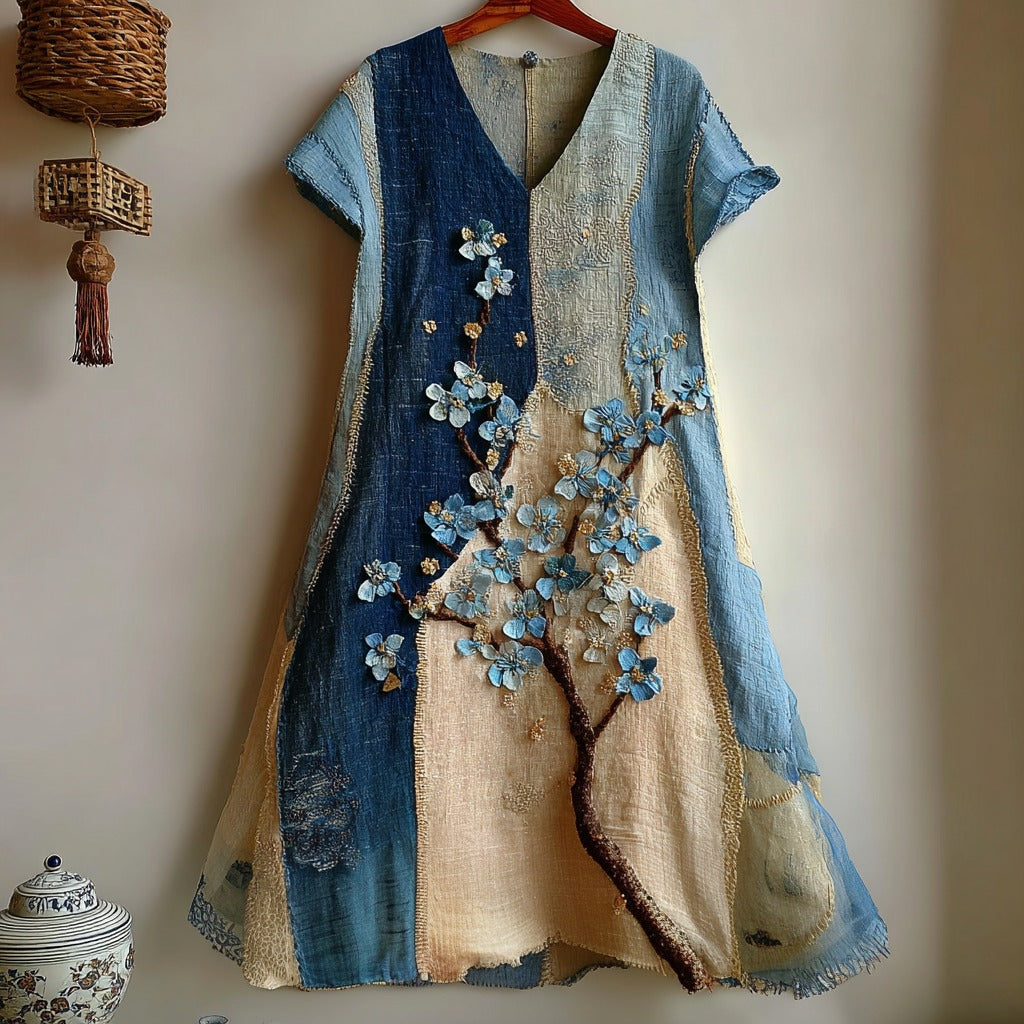 Comstylish Women's Japanese Style Cherry Blossom Pattern V-neck Dress