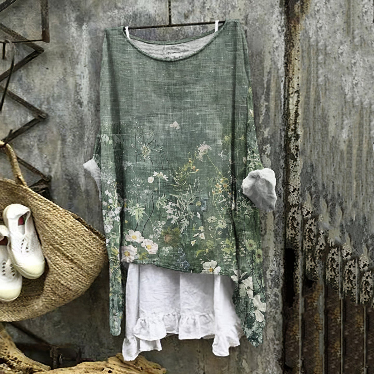 Comstylish Vintage Floral Art Cotton Linen V Neck Casual Shirt