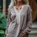 Elegant Lace Embroidery Floral Art Long Sleeve V-neck Shirt artswardrobe