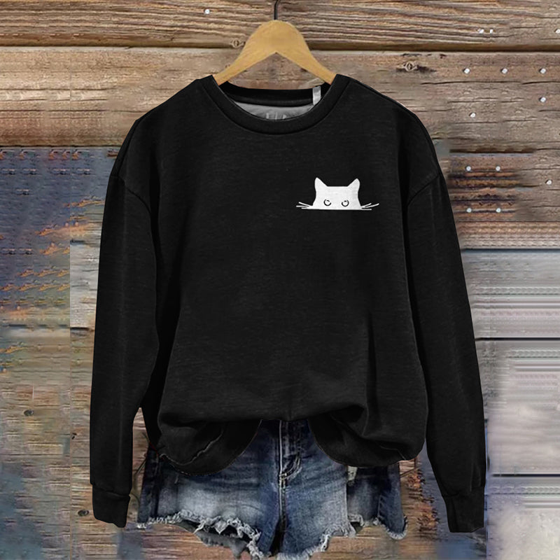 Women's Embroidered Black Cat Print Sweatshirt elevenforest