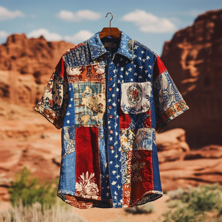 Men's  Independence Day America Blue Red With Floral Pattern Art Casual Short Sleeve Shirts artswardrobe