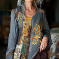 Vintage Tribal Patchwork Art Floral Embroidery Linen Blend  Women's Tops artswardrobe