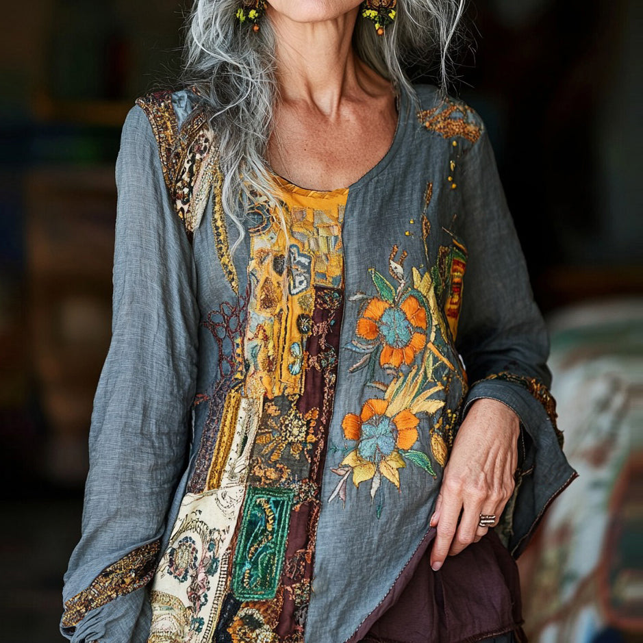 Vintage Tribal Patchwork Art Floral Embroidery Linen Blend  Women's Tops artswardrobe