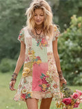 Boho Floral Patchwork Women's Round Neck Short Sleeve Mini Dress artswardrobe