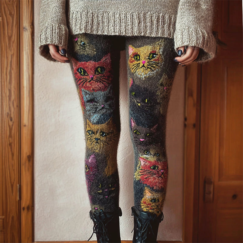 Comstylish Abstract Colorful Crowded Cats Cozy Knit Leggings