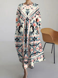 Comstylish Bohemian Floral Pattern Long Sleeve Linen Blend Dress