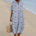 Cute Dog Art Linen Short Sleeves Midi Dress artswardrobe