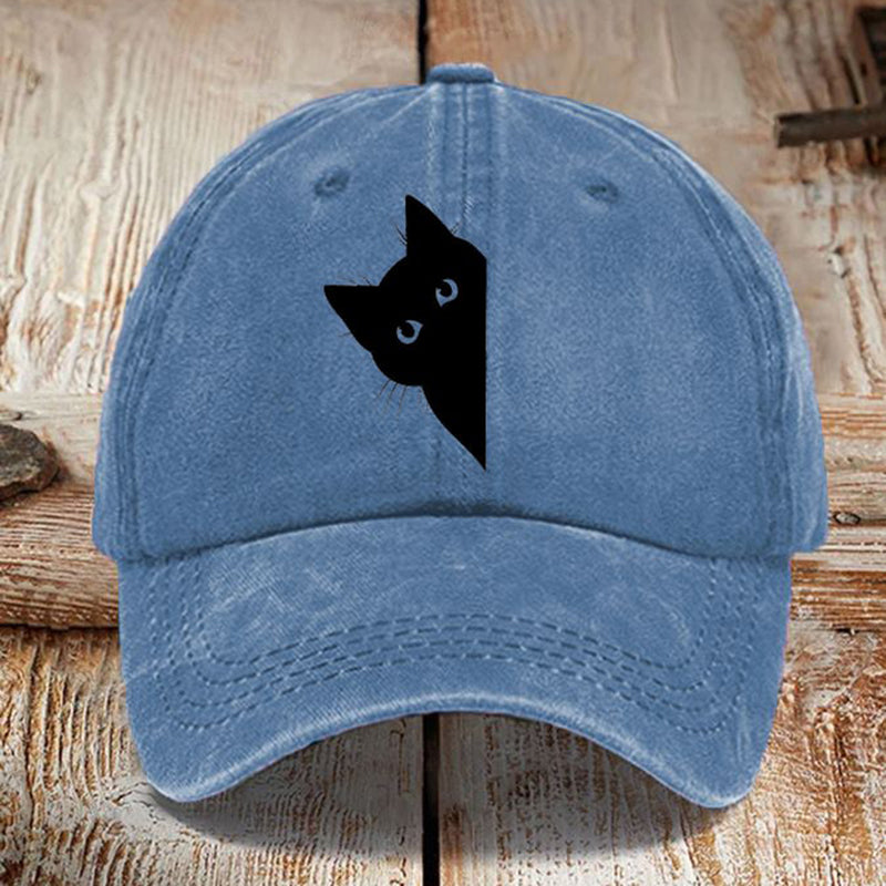 Comstylish Japanese Art Black Cat Print Washed Sun Hat