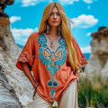 Vintage Tribal Sheep Head Embroidery Art V-neck Linen T-shirt artswardrobe